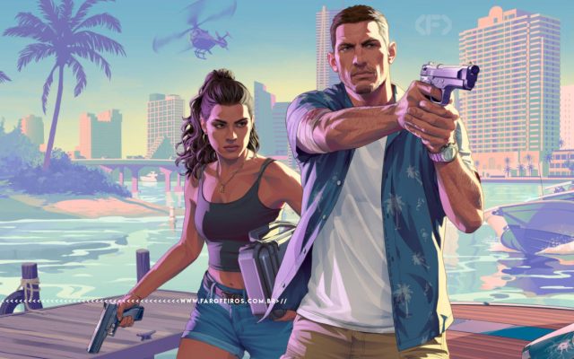 Arte oficial de GTA VI. Os protagonistas Lucia e Jason posam armados em um píer à beira-mar, com uma cidade ao fundo, repleta de prédios, palmeiras e um helicóptero no céu. Jason, de camisa havaiana e calça cáqui, aponta uma pistola para frente. Lucia, de top e shorts jeans, segura uma arma na mão esquerda e carrega uma mala. Na parte inferior, a marca d'água do site www.farofeiros.com.br