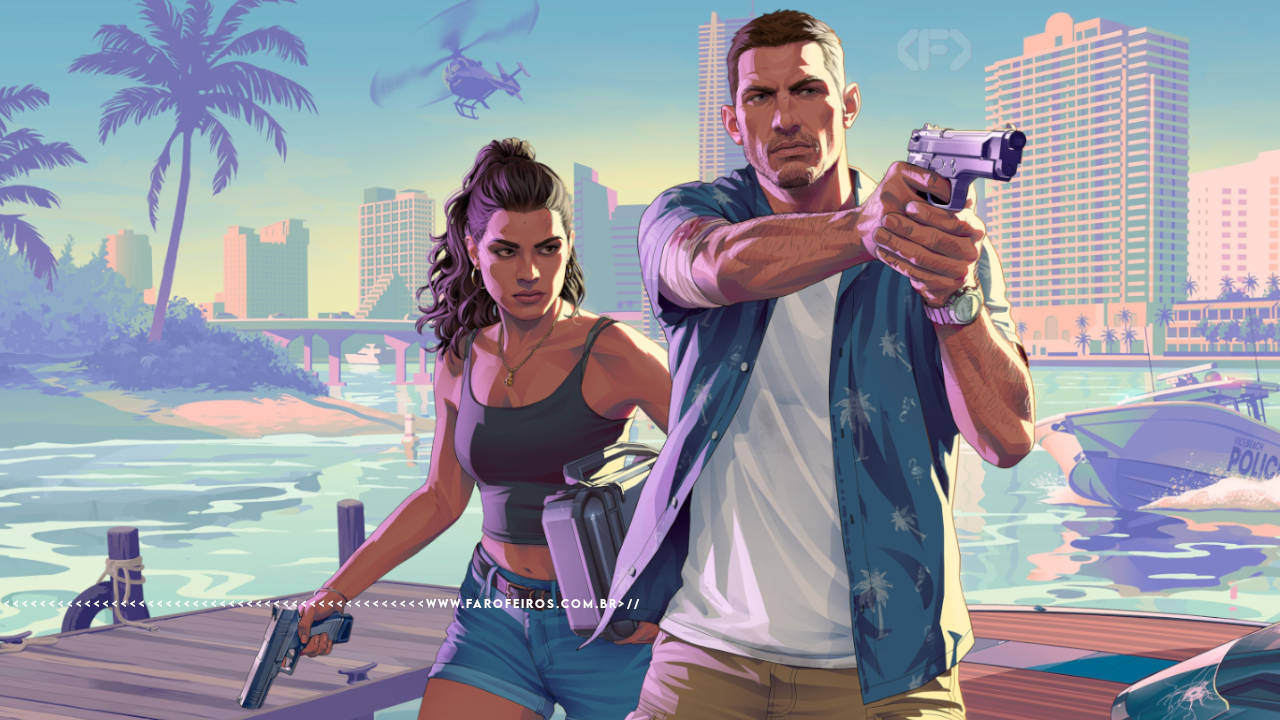 Arte oficial de GTA VI. Os protagonistas Lucia e Jason posam armados em um píer à beira-mar, com a cidade de Vice City ao fundo, repleta de prédios, palmeiras e um helicóptero no céu. Jason, de camisa havaiana e calça cáqui, aponta uma pistola para frente. Lucia, de top e shorts jeans, segura uma arma na mão esquerda e carrega um coldre. Na parte inferior, a marca d'água do site www.farofeiros.com.br