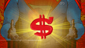 Montagem com arte de quadrinhos mostrando o peitoral do Superman em close, com o símbolo do "S" no peito substituído por um cifrão ($) vermelho brilhante. As mãos do herói aparecem nas laterais com os polegares levantados. Na parte inferior, a marca d'água do site www.farofeiros.com.br