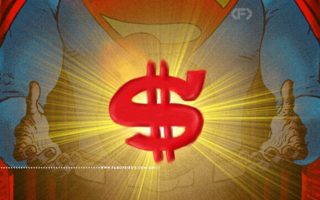 Montagem com arte de quadrinhos mostrando o peitoral do Superman em close, com o símbolo do "S" no peito substituído por um cifrão ($) vermelho brilhante. As mãos do herói aparecem nas laterais com os polegares levantados. Na parte inferior, a marca d'água do site www.farofeiros.com.br