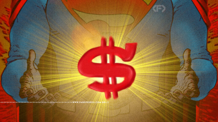 Montagem com arte de quadrinhos mostrando o peitoral do Superman em close, com o símbolo do "S" no peito substituído por um cifrão ($) vermelho brilhante. As mãos do herói aparecem nas laterais com os polegares levantados. Na parte inferior, a marca d'água do site www.farofeiros.com.br