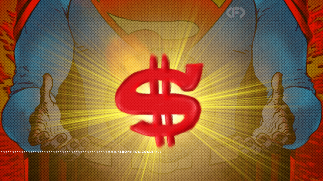 Montagem com arte de quadrinhos mostrando o peitoral do Superman em close, com o símbolo do "S" no peito substituído por um cifrão ($) vermelho brilhante. As mãos do herói aparecem nas laterais com os polegares levantados. Na parte inferior, a marca d'água do site www.farofeiros.com.br