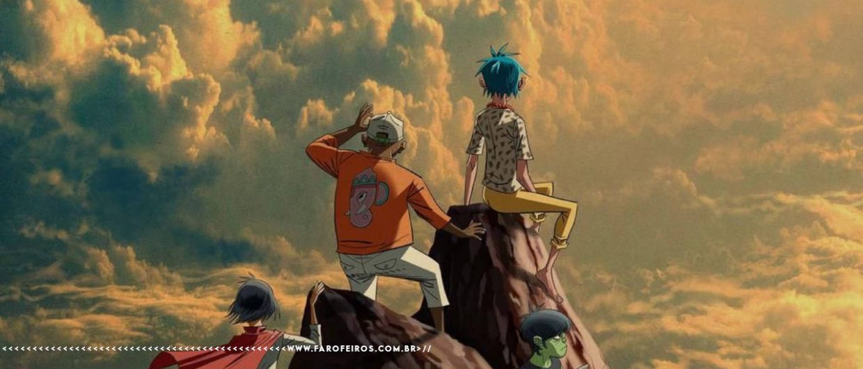 Ilustração animada da capa do single "The Hardest Thing" do Gorillaz. Os quatro membros da banda estão sobre uma formação rochosa isolada diante de um céu com nuvens douradas. De costas no centro, Russel de moletom laranja e boné, e 2-D de cabelo azul e calça amarela. Abaixo, à esquerda Noodle com capa vermelha, e à direita, Murdoc de pele verde mexendo no celular. Na parte inferior, a marca d'água do site www.farofeiros.com.br