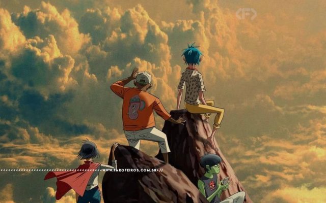 Ilustração animada da capa do single "The Hardest Thing" do Gorillaz. Os quatro membros da banda estão sobre uma formação rochosa isolada diante de um céu com nuvens douradas. De costas no centro, Russel de moletom laranja e boné, e 2-D de cabelo azul e calça amarela. Abaixo, à esquerda Noodle com capa vermelha, e à direita, Murdoc de pele verde mexendo no celular. Na parte inferior, a marca d'água do site www.farofeiros.com.br