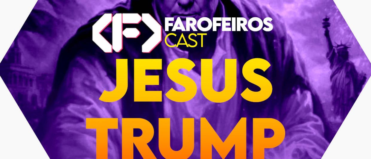 Capa do episódio 65 do Farofeiros Cast, podcast do Farofeiros.com.br. Fundo roxo com formato de hexágono. No topo, o logotipo do Farofeiros Cast em branco. No centro, o título do episódio em letras grandes amarelas e laranja: "Jesus Trump". Ao fundo, a silhueta roxa do ditador Donald Trump fazendo um gesto com a mão imitando Jesus.
