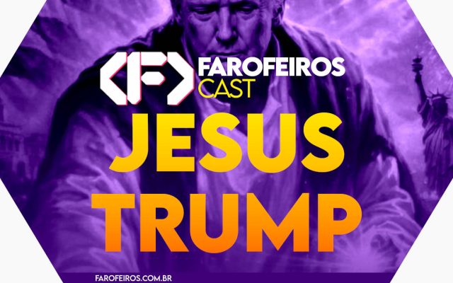 Capa do episódio 65 do Farofeiros Cast, podcast do Farofeiros.com.br. Fundo roxo com formato de hexágono. No topo, o logotipo do Farofeiros Cast em branco. No centro, o título do episódio em letras grandes amarelas e laranja: "Jesus Trump". Ao fundo, a silhueta roxa do ditador Donald Trump fazendo um gesto com a mão imitando Jesus.