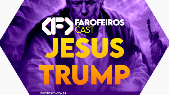 Capa do episódio 65 do Farofeiros Cast, podcast do Farofeiros.com.br. Fundo roxo com formato de hexágono. No topo, o logotipo do Farofeiros Cast em branco. No centro, o título do episódio em letras grandes amarelas e laranja: "Jesus Trump". Ao fundo, a silhueta roxa do ditador Donald Trump fazendo um gesto com a mão imitando Jesus.