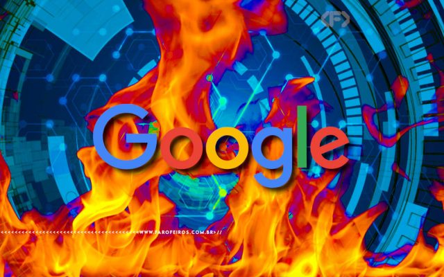 Montagem com o logotipo do Google centralizado sobre um fundo tecnológico azul com circuitos. Grandes chamas alaranjadas e vermelhas envolvem o logotipo por trás. Na parte inferior, a marca d'água do site www.farofeiros.com.br