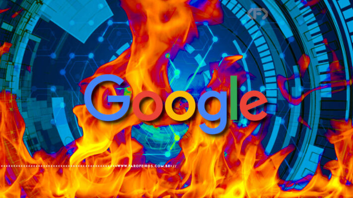 Montagem com o logotipo do Google centralizado sobre um fundo tecnológico azul com circuitos. Grandes chamas alaranjadas e vermelhas envolvem o logotipo por trás. Na parte inferior, a marca d'água do site www.farofeiros.com.br
