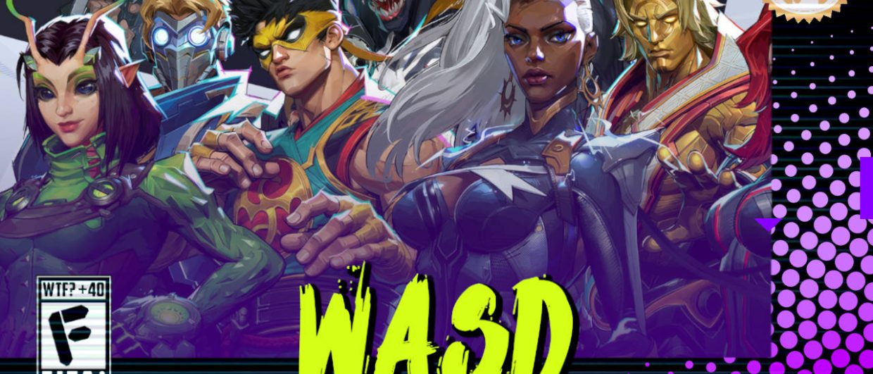 Capa do podcast WASD do Farofeiros com arte do jogo Marvel Rivals ao fundo. Da esquerda para a direita, aparecem os personagens Mantis, Senhor das Estrelas, Punho de Ferro, Venom, Tempestade e Adam Warlock. Na parte inferior, o título "WASD" em letras verde fluorescentes com tinta pingando, sobre o endereço farofeiros.com.br. No canto inferior esquerdo, classificação indicativa paródica "WTF? +40" e " F" e "EITA!". No canto superior direito, o logotipo do Farofeiros em dourado. À direita, painel decorativo preto com bolinhas roxas em estilo retro como se fosse a caixa de um jogo de Super Nintendo.