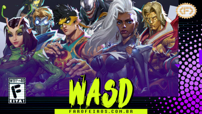 Capa do podcast WASD do Farofeiros com arte do jogo Marvel Rivals ao fundo. Da esquerda para a direita, aparecem os personagens Mantis, Senhor das Estrelas, Punho de Ferro, Venom, Tempestade e Adam Warlock. Na parte inferior, o título "WASD" em letras verde fluorescentes com tinta pingando, sobre o endereço farofeiros.com.br. No canto inferior esquerdo, classificação indicativa paródica "WTF? +40" e " F" e "EITA!". No canto superior direito, o logotipo do Farofeiros em dourado. À direita, painel decorativo preto com bolinhas roxas em estilo retro como se fosse a caixa de um jogo de Super Nintendo.