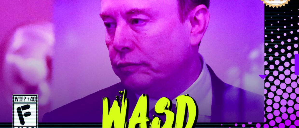 Foto de Elon Musk com olhar aborrecido olhando para o lado esquerdo com filtro em tons rosas e roxos. Na parte inferior, o título "WASD" em letras verde fluorescentes com tinta pingando, sobre o endereço farofeiros.com.br. No canto inferior esquerdo, classificação indicativa paródica "WTF? +40" e " F" e "EITA!". No canto superior direito, o logotipo do Farofeiros em dourado. À direita, painel decorativo preto com bolinhas roxas em estilo retro como se fosse a caixa de um jogo de Super Nintendo.
