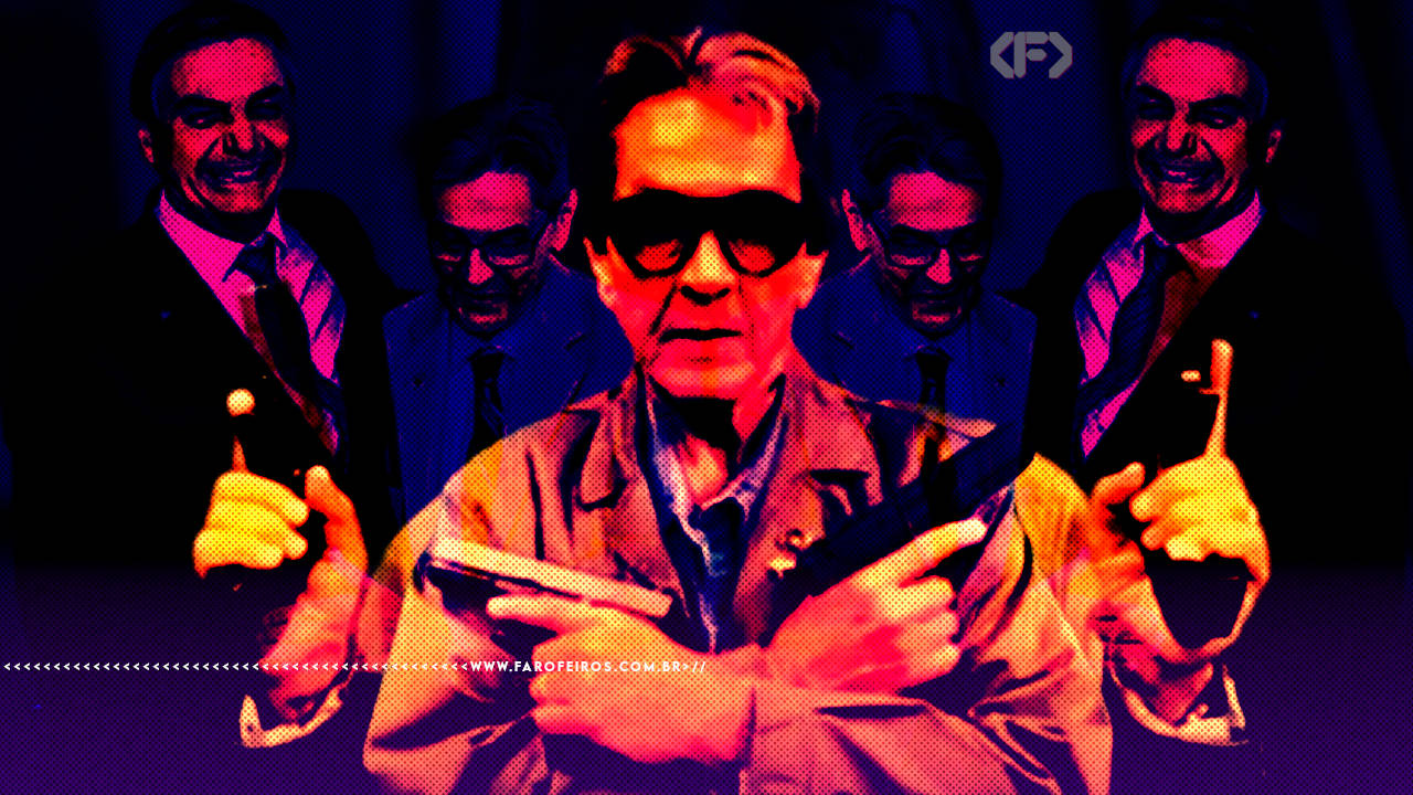 Montagem fotográfica com filtro roxo, vermelho e laranja mostrando Roberto Jefferson ao centro, usando óculos escuros e fazendo gestos com as mãos, com imagens espelhadas dele mesmo ao fundo. Nas laterais, imagens de Flávio Bolsonaro de terno e gravata, sorrindo.