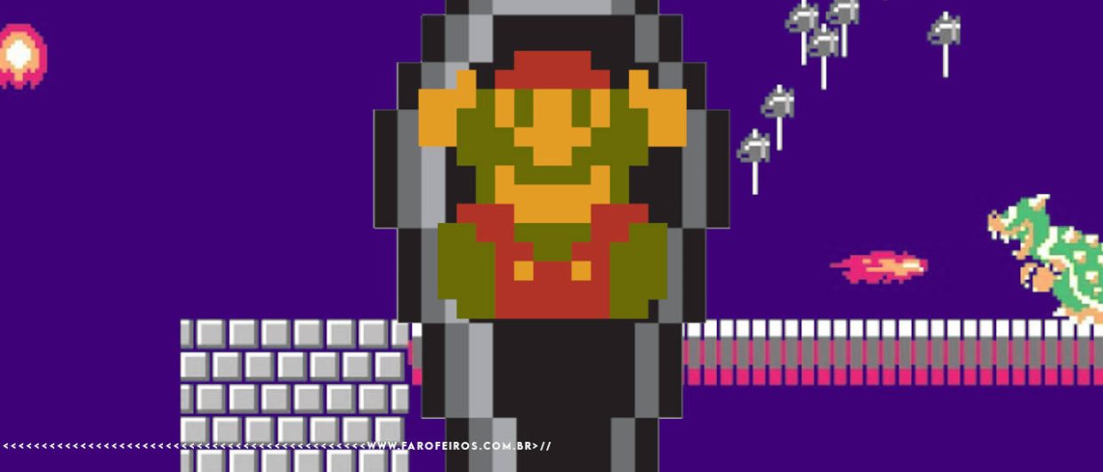 Montagem de Super Mario Bros de 8 bits em cena de morte com um caixão atrás dele. O fundo mostra uma cena de fase de luta contra Bowser em cima de uma ponte com lava abaixo. Na parte inferior, a marca d'água do site www.farofeiros.com.br