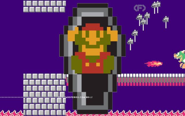 Montagem de Super Mario Bros de 8 bits em cena de morte com um caixão atrás dele. O fundo mostra uma cena de fase de luta contra Bowser em cima de uma ponte com lava abaixo. Na parte inferior, a marca d'água do site www.farofeiros.com.br