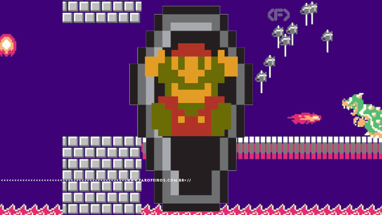 Montagem de Super Mario Bros de 8 bits em cena de morte com um caixão atrás dele. O fundo mostra uma cena de fase de luta contra Bowser em cima de uma ponte com lava abaixo. Na parte inferior, a marca d'água do site www.farofeiros.com.br