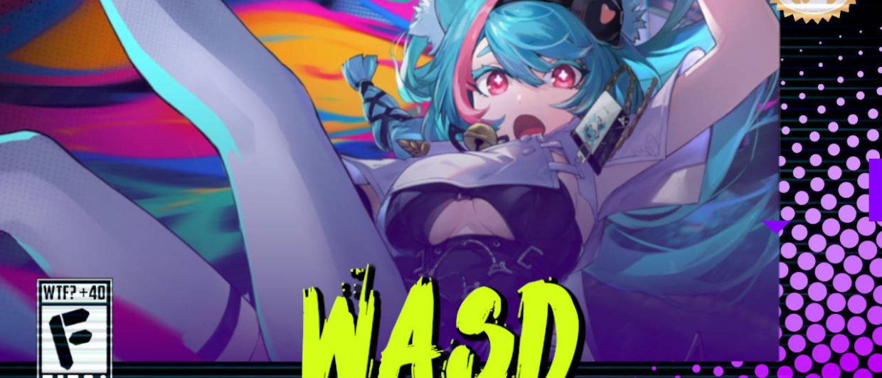 Desenho de uma personagem de anime com cabelos azuis e olhos rosas caindo em um vórtice de cores do jogo Neverness To Everness. Na parte inferior, o título "WASD" em letras verde fluorescentes com tinta pingando, sobre o endereço farofeiros.com.br. No canto inferior esquerdo, classificação indicativa paródica "WTF? +40" e " F" e "EITA!". No canto superior direito, o logotipo do Farofeiros em dourado. À direita, painel decorativo preto com bolinhas roxas em estilo retro como se fosse a caixa de um jogo de Super Nintendo.