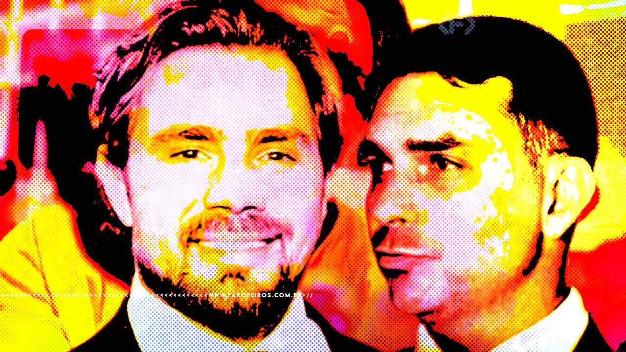 Montagem fotográfica com filtro amarelo, rosa e laranja mostrando Daniel Vorcaro sorrindo ao lado de Flávio Bolsonaro que faz um biquinho carinhoso ao lado do banqueiro preso. Cores fortes ao fundo não ter uma forma definida.