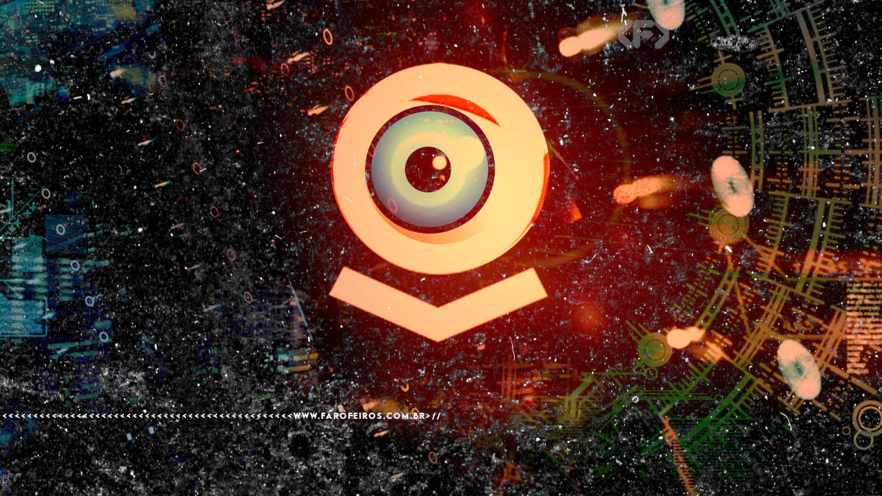 Montagem digital com fundo escuro e textura de circuitos eletrônicos e dados. No centro, o logotipo da empresa Palantir (um ícone circular e uma seta para baixo) estilizado com brilho avermelhado e alaranjado, remetendo a um olho vigilante do Big Brother Brasil. Na parte inferior, a marca d'água do site www.farofeiros.com.br