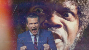 Montagem fotográfica com fundo dramático avermelhado e textura envelhecida. À esquerda, Pete Hegseth de terno azul e gravata listrada, com expressão intensa e boca aberta, punhos cerrados. Ao fundo à direita, em close expressivo, o rosto do personagem Jules Winnfield do filme Pulp Fiction, interpretado por Samuel L. Jackson, com olhar ameaçador. Na parte inferior, a marca d'água do site www.farofeiros.com.br