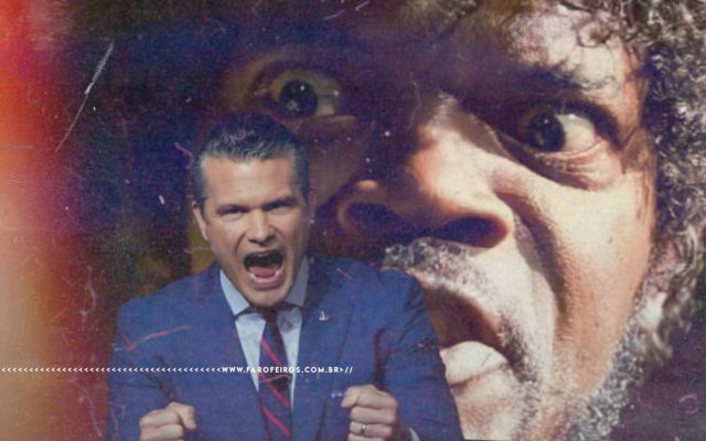 Montagem fotográfica com fundo dramático avermelhado e textura envelhecida. À esquerda, Pete Hegseth de terno azul e gravata listrada, com expressão intensa e boca aberta, punhos cerrados. Ao fundo à direita, em close expressivo, o rosto do personagem Jules Winnfield do filme Pulp Fiction, interpretado por Samuel L. Jackson, com olhar ameaçador. Na parte inferior, a marca d'água do site www.farofeiros.com.br