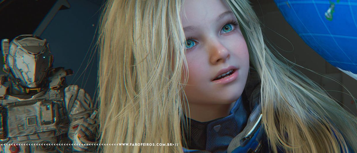 Cena do jogo Pragmata da Capcom. Close no rosto de Diana com cabelos loiros longos e olhos azuis, expressão curiosa e esperançosa, vestindo traje tecnológico azul. À esquerda ao fundo, o astronauta com armadura branca futurista acenando. À direita, um globo terrestre azul iluminado. Na parte inferior, a marca d'água do site www.farofeiros.com.br