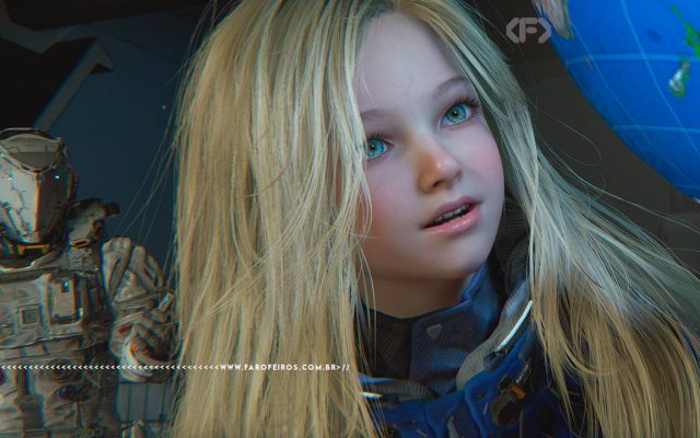 Cena do jogo Pragmata da Capcom. Close no rosto de Diana com cabelos loiros longos e olhos azuis, expressão curiosa e esperançosa, vestindo traje tecnológico azul. À esquerda ao fundo, o astronauta com armadura branca futurista acenando. À direita, um globo terrestre azul iluminado. Na parte inferior, a marca d'água do site www.farofeiros.com.br