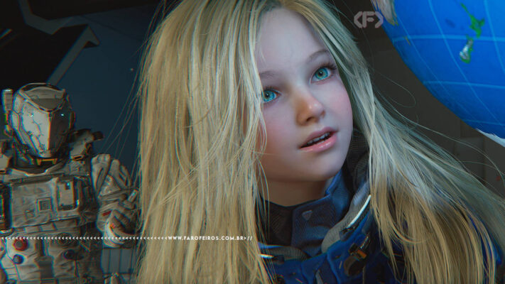 Cena do jogo Pragmata da Capcom. Close no rosto de Diana com cabelos loiros longos e olhos azuis, expressão curiosa e esperançosa, vestindo traje tecnológico azul. À esquerda ao fundo, o astronauta com armadura branca futurista acenando. À direita, um globo terrestre azul iluminado. Na parte inferior, a marca d'água do site www.farofeiros.com.br