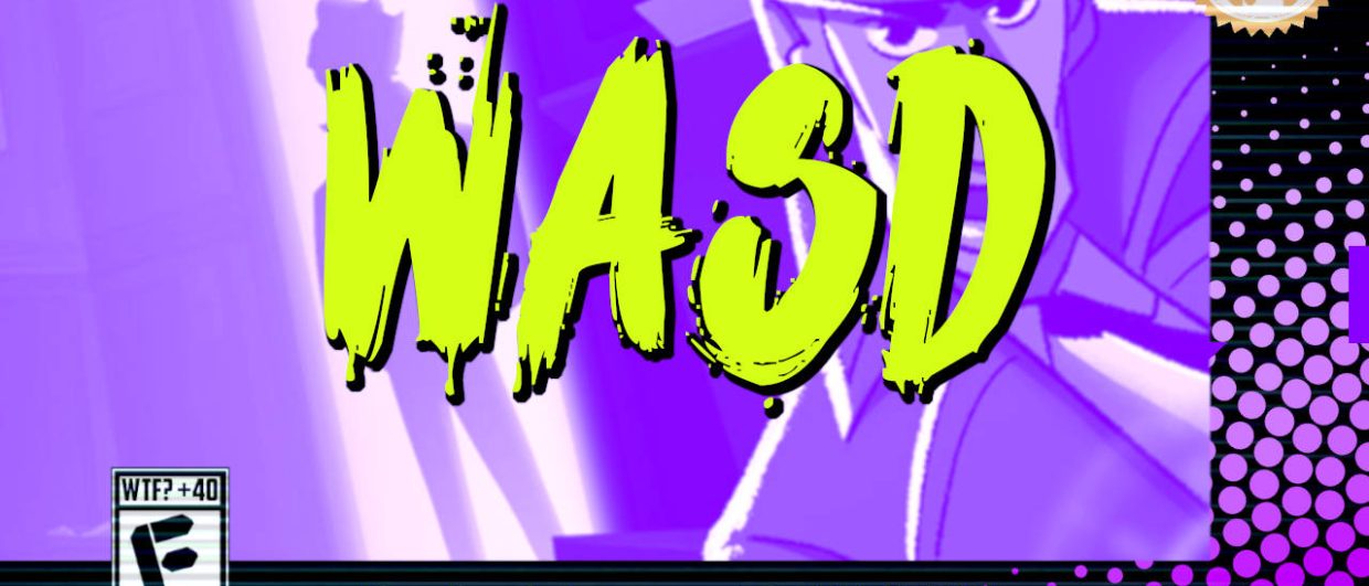 Capa do podcast WASD, o podcast de games do Farofeiros.com.br. Fundo roxo com ilustração estilizada de um personagem misterioso usando chapéu, em tons de roxo e branco do jogo A Investigação Póstuma. No centro, o título "WASD" em letras grandes verde-amareladas com estilo de tinta pingando. No canto superior direito, o logotipo do Farofeiros em dourado. No canto inferior esquerdo, uma classificação indicativa paródica com os dizeres "WTF? +40 - F - EITA!". Na faixa preta inferior, a frase "O podcast de games do FAROFEIROS!" e o endereço www.farofeiros.com.br. À direita, painel decorativo preto com bolinhas rosas em estilo retro.