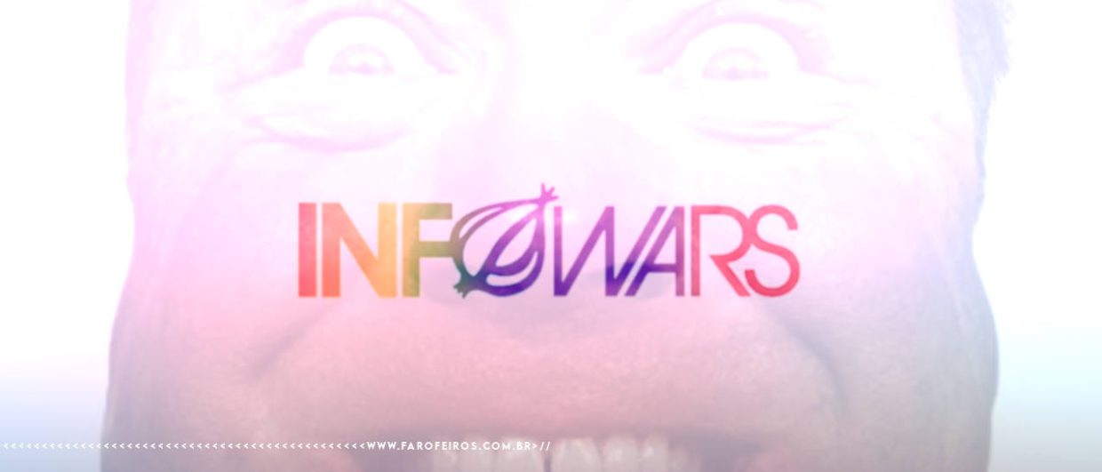 Montagem mostrando o novo símbolo colorido dom INFOWARS com uma cebola no lugar da letra "O", ao fundo é possível ver uma figura fazendo uma careta, quase sorrindo. Se trata de Alex Jones, conspiracionista de extrema direita que perdeu direito ao site. Na parte inferior, a marca d'água do site www.farofeiros.com.br