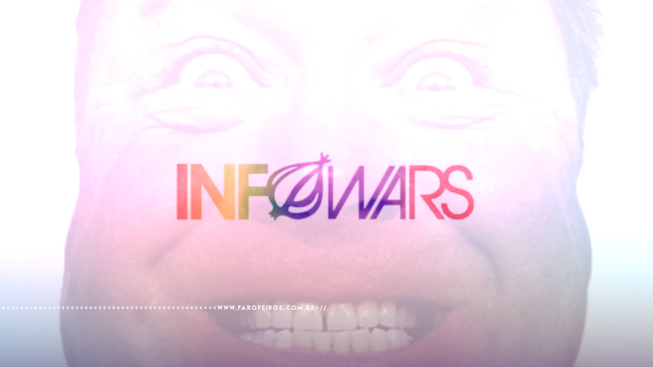 Montagem mostrando o novo símbolo colorido dom INFOWARS com uma cebola no lugar da letra "O", ao fundo é possível ver uma figura fazendo uma careta, quase sorrindo. Se trata de Alex Jones, conspiracionista de extrema direita que perdeu direito ao site. Na parte inferior, a marca d'água do site www.farofeiros.com.br