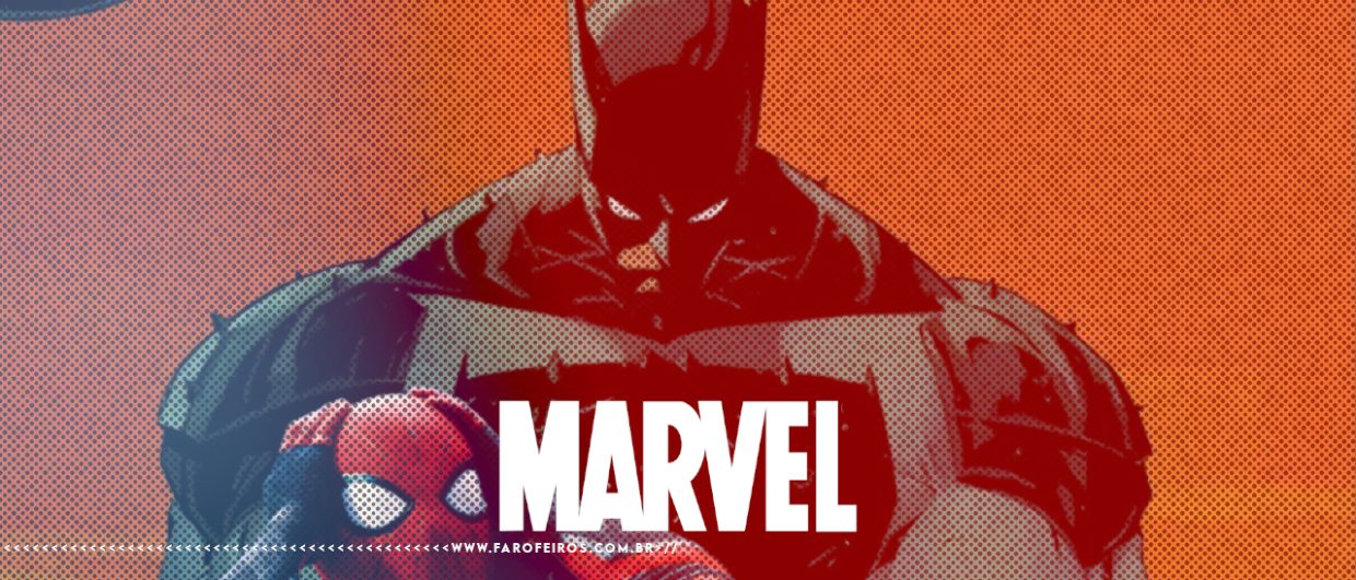Corte de capa do gibi Absolute Batman, com o personagem olhando para baixo com o fundo laranja, com logo da Marvel e Homem Aranha na parte de baixou com mãos na cabeça. Na parte inferior, a marca d'água do site www.farofeiros.com.br