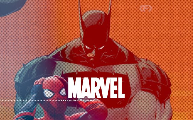 Corte de capa do gibi Absolute Batman, com o personagem olhando para baixo com o fundo laranja, com logo da Marvel e Homem Aranha na parte de baixou com mãos na cabeça. Na parte inferior, a marca d'água do site www.farofeiros.com.br