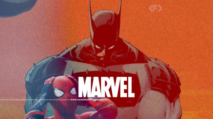 Corte de capa do gibi Absolute Batman, com o personagem olhando para baixo com o fundo laranja, com logo da Marvel e Homem Aranha na parte de baixou com mãos na cabeça. Na parte inferior, a marca d'água do site www.farofeiros.com.br
