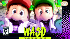 Cena do filme animado Super Mario Bros. onde Mario e Luigi colocam a mão no rosto e fazem expressão de espanto enquanto símbolos verdes de $ caem em sua volta. Na parte inferior, o título "WASD" em letras verde fluorescentes com tinta pingando, sobre o endereço farofeiros.com.br. No canto inferior esquerdo, classificação indicativa paródica "WTF? +40" e " F" e "EITA!". No canto superior direito, o logotipo do Farofeiros em dourado. À direita, painel decorativo preto com bolinhas roxas em estilo retro como se fosse a caixa de um jogo de Super Nintendo.