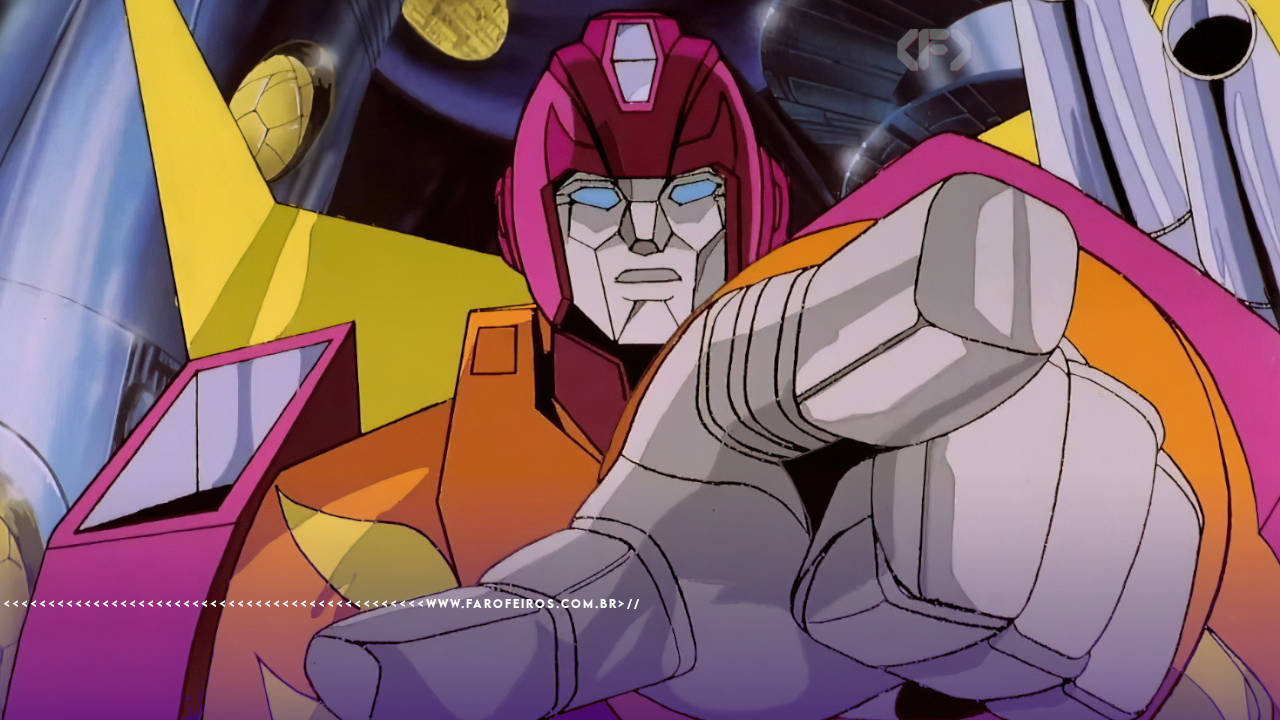 Cena de Transformers The Movie de 1986 com Rodimus Prime de frente apontando para alguém. Na parte inferior, a marca d'água do site www.farofeiros.com.br