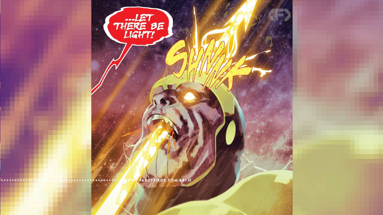 Destaque da luta onde Knull enfia sua lança na boca de Thanos com ela saindo do outro lado de sua cabeça - de cima para baixo. Na parte inferior, a marca d'água do site www.farofeiros.com.br