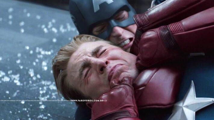 Cena do filme Vingadores: Ultimato onde o Capitão América do passado (de máscara) enforca o Capitão América do presente. Na parte inferior, a marca d'água do site www.farofeiros.com.br