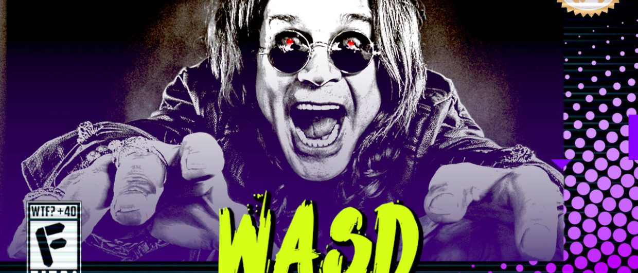 Capa do WASD podcast mostrando Ozzy Osborne em preto e branco e olhos vermelhos robóticos. O cantor está rindo de boca aberta com as mãos tentando alcançar o espectador. Na parte inferior, o título "WASD" em letras verde fluorescentes com tinta pingando, sobre o endereço farofeiros.com.br. No canto inferior esquerdo, classificação indicativa paródica "WTF? +40" e " F" e "EITA!". No canto superior direito, o logotipo do Farofeiros em dourado. À direita, painel decorativo preto com bolinhas roxas em estilo retro como se fosse a caixa de um jogo de Super Nintendo.