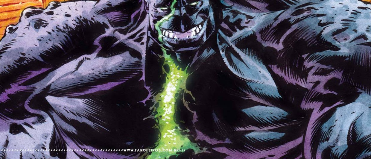 Hulk Infernal, um Hulk azulado com uma cicatriz verde brilhante passando no meio do seu rosto e corpo. O lado direito do seu corpo parece queimado de alguma forma. Na parte inferior, a marca d'água do site www.farofeiros.com.br