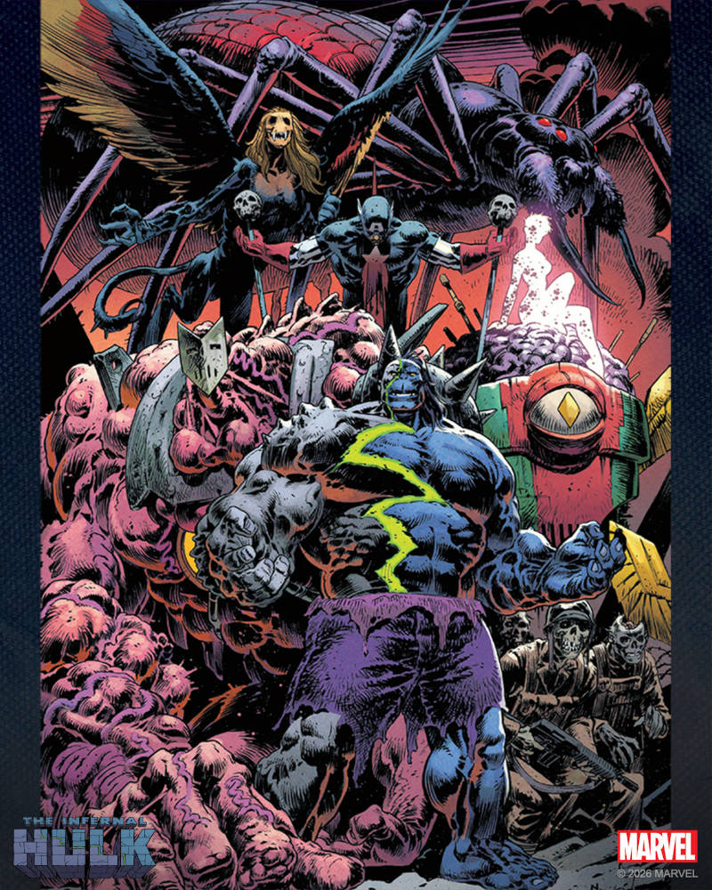 Arte oficial da Marvel Comics para a série The Infernal Hulk para o arco que apresenta os Infernal Avengers, ou Vingadores Infernais, datada de 2026. Desenho de Nic Klein com estilo sombrio e detalhado mostrando um grupo de personagens demoníacos e monstruosos. Em destaque no centro, o Hulk Infernal, de pele azul escura com uma cicatriz brilhante verde no meio do corpo e rosto e calças roxas ao centro. Ao redor, diversos monstros: uma aranha gigante no topo, um personagem de máscara de ferro com corpo deformado ao centro, um ser robotizado verde, vermelho e amarelo com um olho e e cérebro gigante exposto com uma silhueta brilhante de uma mulher feita de energia, soldados esqueléticos armados com metralhadoras caminham abaixo dele. Ao fundo no canto inferior esquerdo, o logotipo de "The Infernal Hulk". Ao centro acima uma harpia sombria voa próximo a uma figura ensanguentada do Capitão América. Na parte inferior, não tem a marca d'água do site www.farofeiros.com.br mas deveria ter.