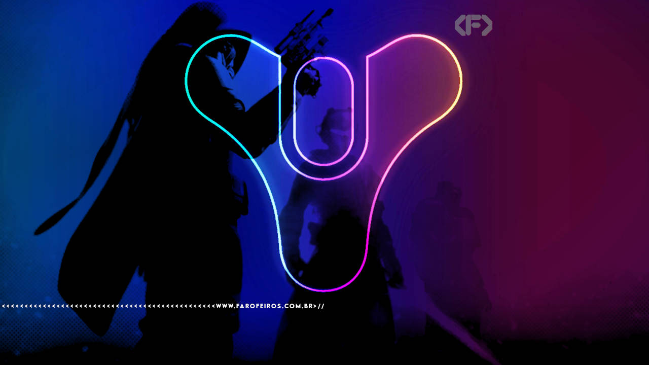 Montagem com três personagens de Destiny 2 em perfil com efeito de alto contraste e uma imagem do logo tipo do jogo brilhante por cima. O primeiro personagem segura uma pistola enquanto a segunda personagem empunha uma espada de luz. Um terceiro personagem está ao fundo mas só se pode ver a sua sombra. Na parte inferior, a marca d'água do site www.farofeiros.com.br