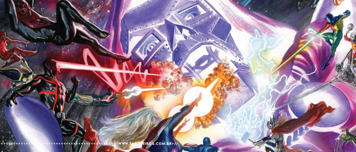 Corte da capa do quadrinho Guerras Secretas colocando em destaque Doutor Destino, como uma figura gigantesca e fantasmagórica. Diversos personagens da Marvel Comics voam em sua direção em um ataque. Na parte inferior, a marca d'água do site www.farofeiros.com.br
