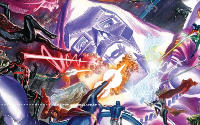 Corte da capa do quadrinho Guerras Secretas colocando em destaque Doutor Destino, como uma figura gigantesca e fantasmagórica. Diversos personagens da Marvel Comics voam em sua direção em um ataque. Na parte inferior, a marca d'água do site www.farofeiros.com.br