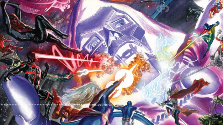 Corte da capa do quadrinho Guerras Secretas colocando em destaque Doutor Destino, como uma figura gigantesca e fantasmagórica. Diversos personagens da Marvel Comics voam em sua direção em um ataque. Na parte inferior, a marca d'água do site www.farofeiros.com.br