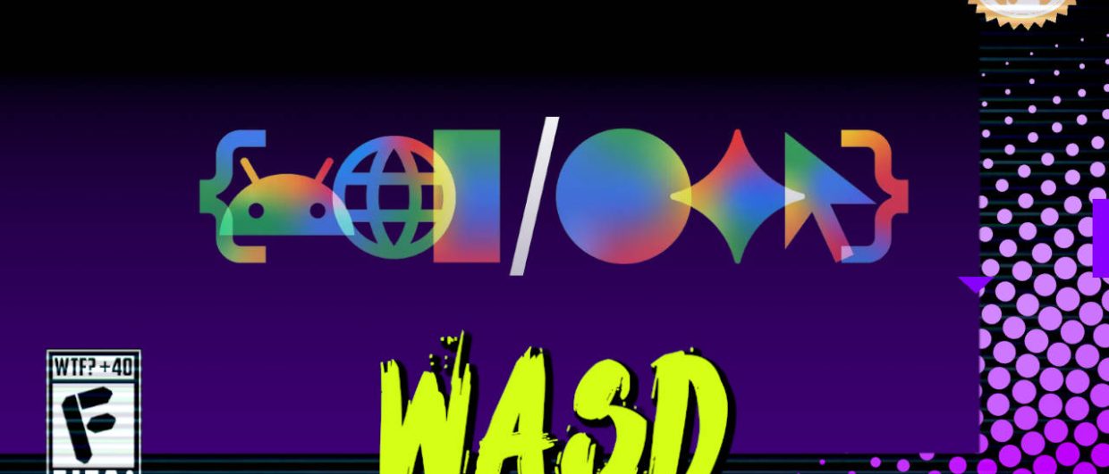 Capa do WASD podcast destacando o evento Google IO, no centro da imagem os símbolos de diversos produtos da empresa com pouca opacidade e coloridos de maneira aleatória. Na parte inferior, o título "WASD" em letras verde fluorescentes com tinta pingando, sobre o endereço farofeiros.com.br. No canto inferior esquerdo, classificação indicativa paródica "WTF? +40" e " F" e "EITA!". No canto superior direito, o logotipo do Farofeiros em dourado. À direita, painel decorativo preto com bolinhas roxas em estilo retro como se fosse a caixa de um jogo de Super Nintendo.