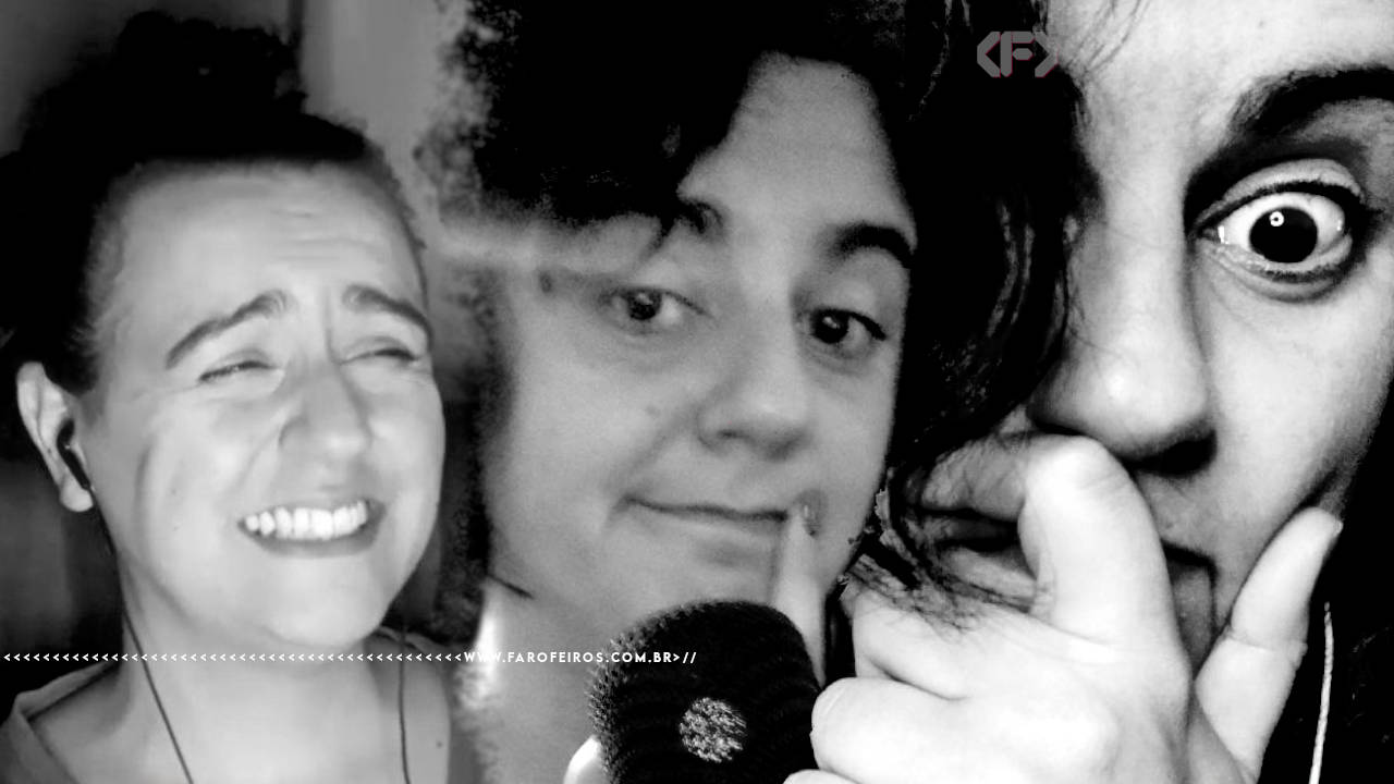 Fotomontagem em preto e branco com três momentos da nossa querida Paola Costa. Na primeira image, à esquerda, ela dando um largo sorriso, ao centro fazendo cara de interesse com o dedo indicador na boca, Na parte inferior e a última à direita se fazendo de assustada aparecendo apenas um olho e com a mão sobre a boca. Na parte inferior, a marca d'água do site www.farofeiros.com.br
