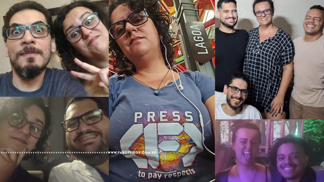 Montagem de fotos dos membros do FAROFEIROS com Paola Costa. Destaque para a foto central onde mostra uma selfie dela mostrando que estava com a camiseta do FAROFEIROS escrita "PRESS <F> TO PAY RESPECTS". Na parte inferior, a marca d'água do site www.farofeiros.com.br