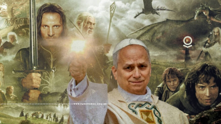 Montagem mostrando um poster com diversos personagens do mundo de O Senhor dos Anéis com o Papa Leão XV erguendo um instrumento de luz ao centro em destaque. Na parte inferior, a marca d'água do site www.farofeiros.com.br