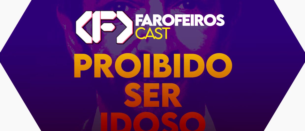 Capa do episódio 71 do Farofeiros Cast em um hexágono roxo e bordas brancas. No centro, o título do episódio em letras grandes amarelas e laranja: "PROÍBIDO SER IDOSO". Ao fundo se pode ver uma figura pálida de Ricardo Nunes (MDB), atual prefeito de São Paulo. Na faixa inferior o endereço farofeiros.com.br.